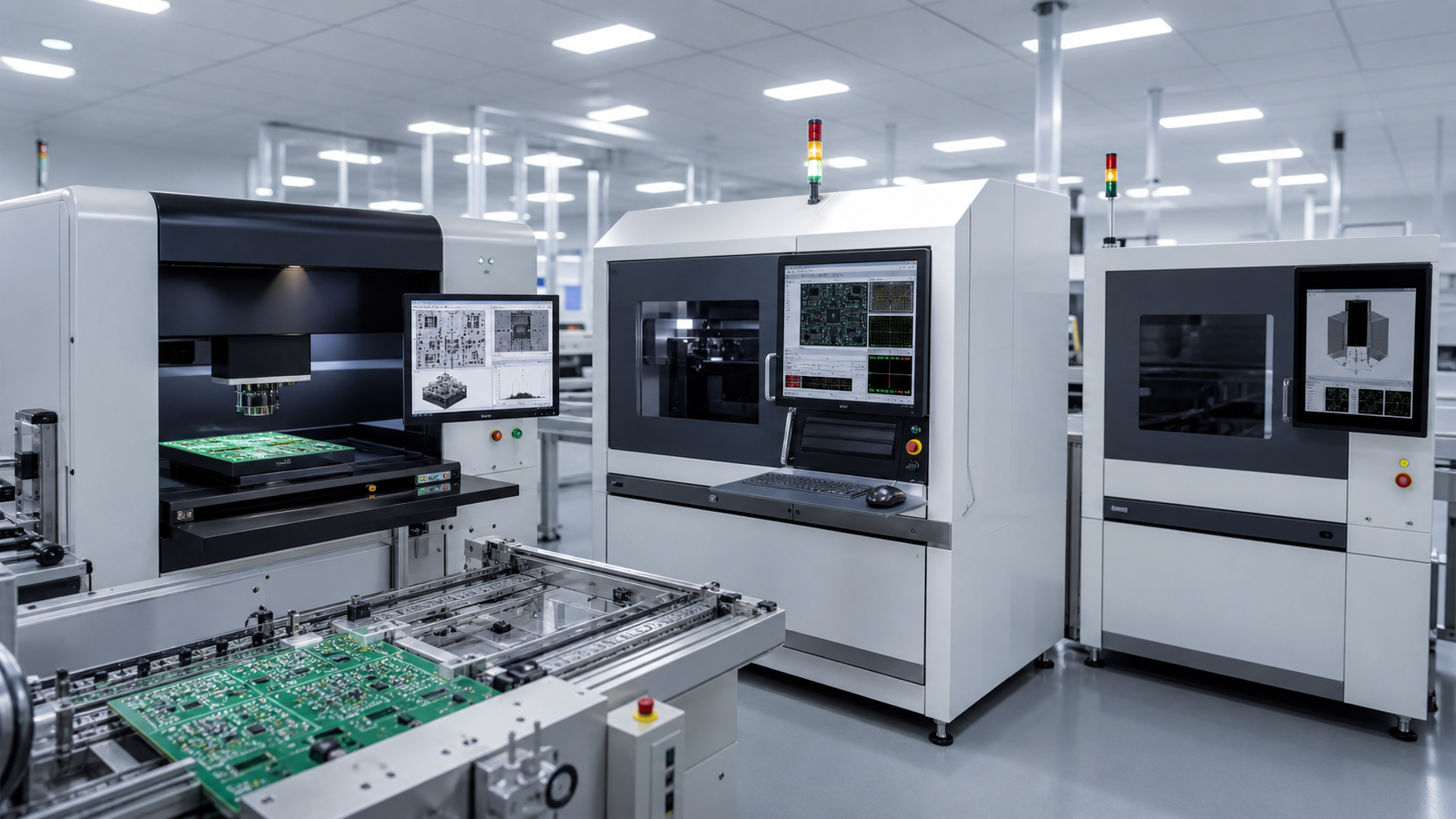 SPI, AOI and AXI inspection equipment beside a PCB assembly line